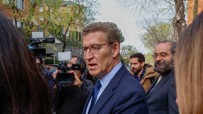Alberto Núñez Feijóo, en el homenaje al político Eugenio Nasarre, fallecido en enero, celebrado en la Universidad CEU San Pablo de Madrid este lunes.