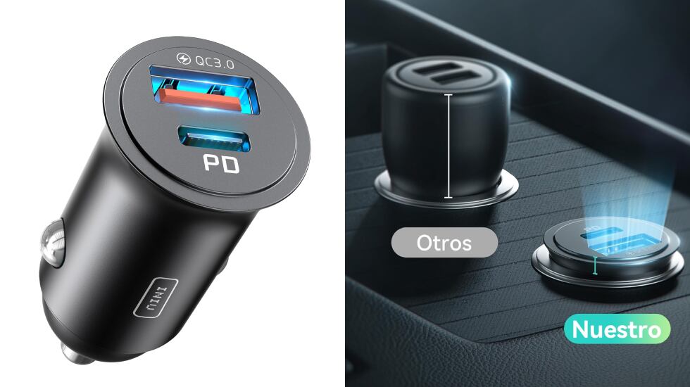 Cargador de mechero para el coche con doble puerto USB.