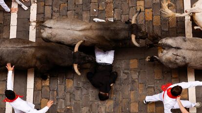 Los toros pasan por encima de un mozo, durante el sexto encierro de San Fermín.