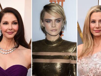 De izquierda a derecha: Ashley Judd, Cara Delevigne y Mira Sorvino en 2018. 