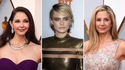 De izquierda a derecha: Ashley Judd, Cara Delevigne y Mira Sorvino en 2018. 