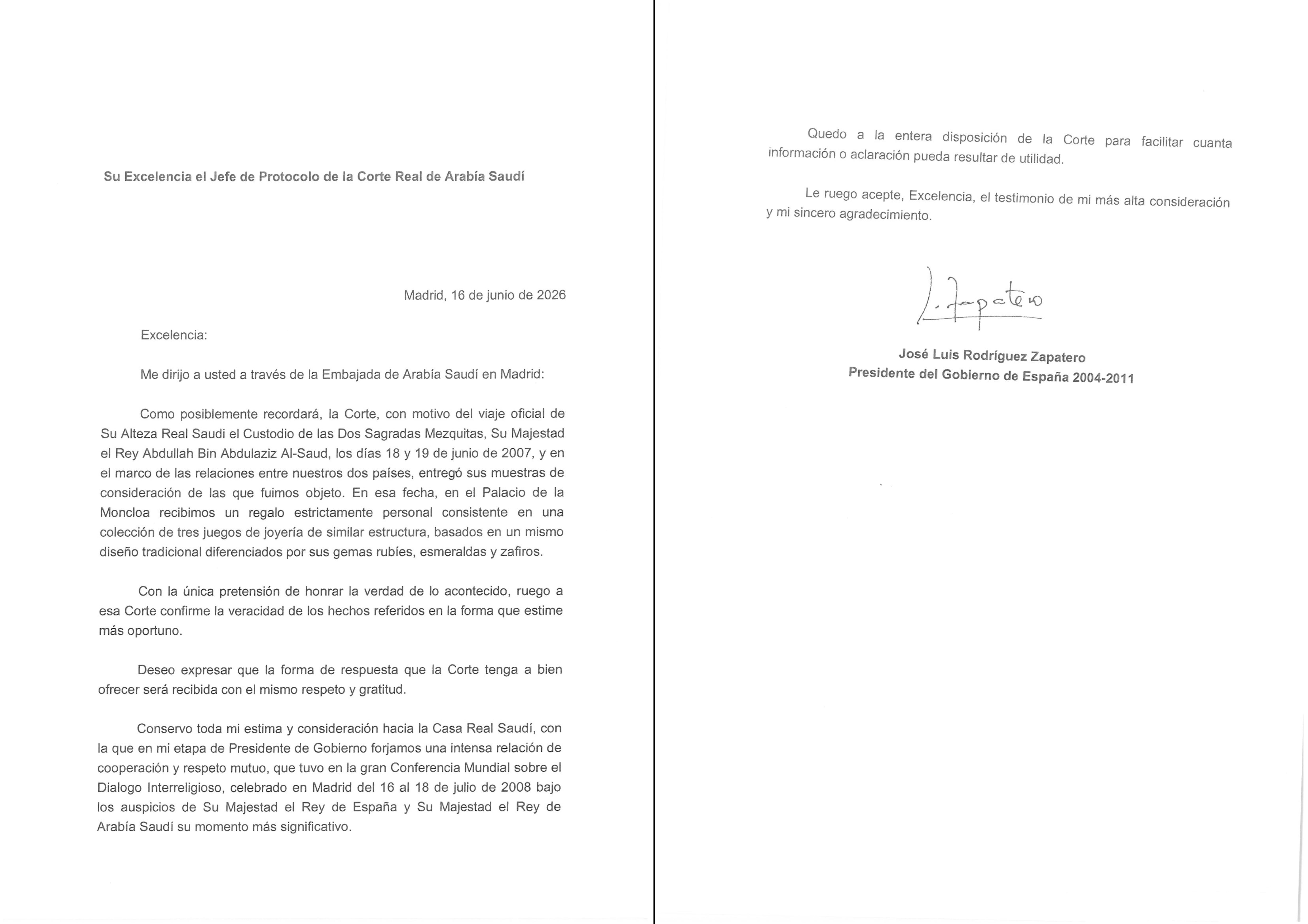 La carta de Zapatero a Arabia Saudí para que “confirme” su versión sobre las joyas: “Recibimos un regalo estrictamente personal”
