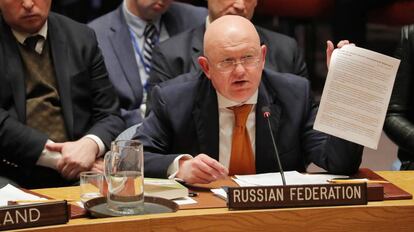 El embajador ruso Vasily Nebenzya en su intervención ante la ONU