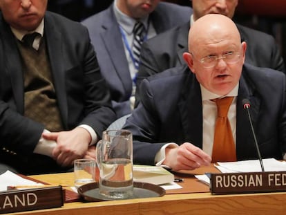 El embajador ruso Vasily Nebenzya en su intervención ante la ONU