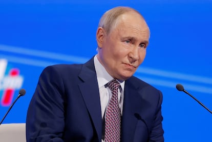 El presidente ruso Vladimir Putin este martes en un congreso en Moscú.