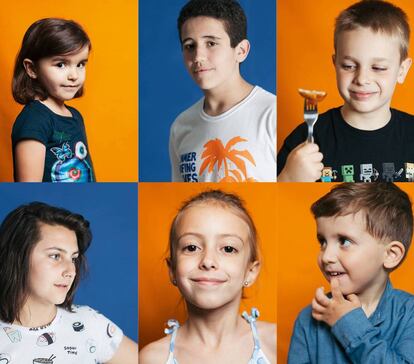 Da esquerda para a direita, e de cima para baixo: Daniela Miranda Galán, 5 anos e alérgica à proteína do leite de vaca; Carlos Matías, de 14 anos, alérgico a ovos, frutas secas, amendoim e peixe; Rodrigo Capapé, de 8 anos, alérgico a ovos e frutas secas; Nerea Ortiz, de 14 anos, não pode comer ovos, frutas secas, leguminosas, frutas (menos maçã, pera e laranja), casca de frutas, frango mal cozido e amendoim; Silvia García, 7 anos, é alérgica a leite, e Adrián, de 2 anos, a leite e ovos.