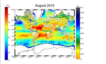 Mapa global de humedad del suelo y salinidad del océano de agosto de 2010.