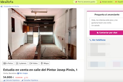 An Idealista advertisement for the sale of a store in the neighborhood of Horta in Barcelona. The so-called 33-square-meter apartment is being sold for €54,000 ($58435.56) without a certificate of occupancy.