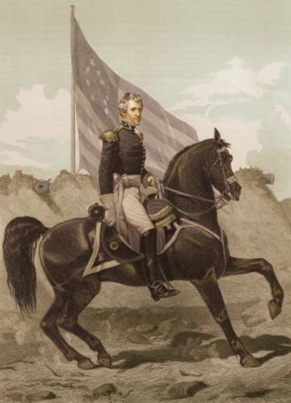 Retrato del presidente de EE. UU. Andrew Jackson a caballo.