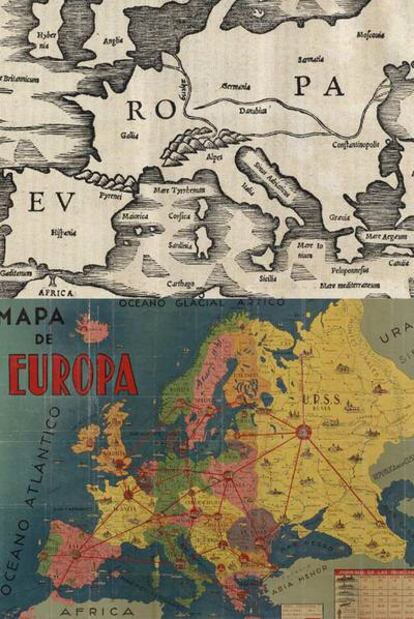 Edición de 1538 de uno de los primeros mapas conservados de Europa, el del geógrafo hispano Pomponio Mela (siglo I). Abajo, mapa del continente en los años veinte del siglo XX. Ambos, de la Biblioteca Nacional.