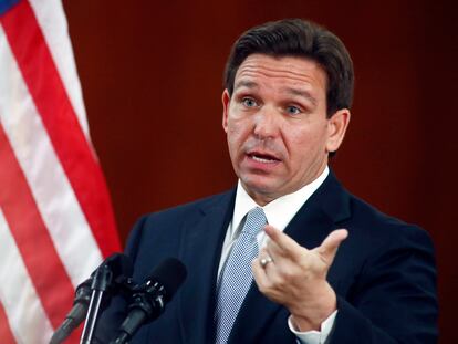 Florida Gov. Ron DeSantis answers questions from the media in the Florida Cabinet following his State of the State address during a joint session of the Senate and House of Representatives on March 7, 2023, at the state Capitol in Tallahassee, Fla.