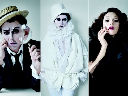 Scarlett Johansson caracterizada (de izquierda a derecha) como Buster Keaton, Sarah Bernhardt y Marlene Dietrich.