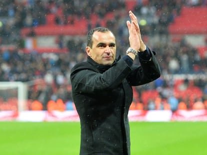 Roberto Martínez celebra la victoria del Wigan.