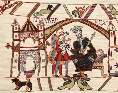 Eduardo (1003-1066), rey anglosajón de Inglaterra en 1042 en su trono, bordado en el Tapiz de Bayeux.