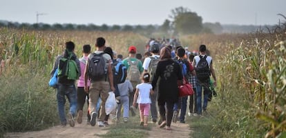 Cientos de emigrantes caminan este mi&eacute;rcoles de Serbia a Croacia.