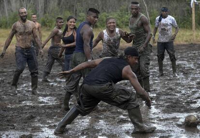 FARC guerrillas playing soccer on Sunday.