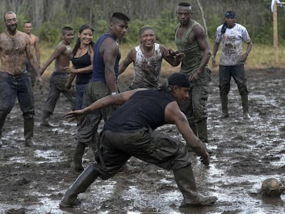 FARC guerrillas playing soccer on Sunday.