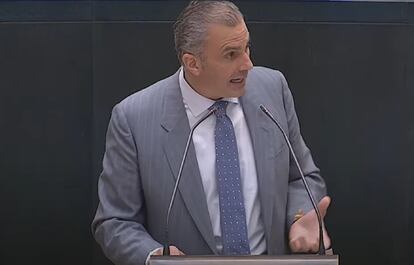 El portavoz de Vox este miércoles en el pleno del Ayuntamiento de Madrid, Javier Ortega, durante su intervención en el debate sobre el estado de la ciudad