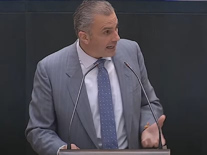 El portavoz de Vox este miércoles en el pleno del Ayuntamiento de Madrid, Javier Ortega, durante su intervención en el debate sobre el estado de la ciudad