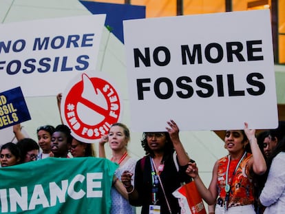 A protest against fossil fuels at the COP28, in Dubai, on December 12, 2023.