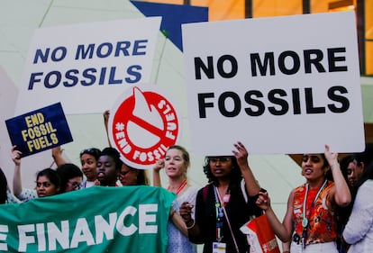 A protest against fossil fuels at the COP28, in Dubai, on December 12, 2023.