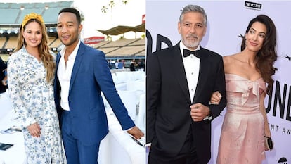 Izquierda, Chrissy Teigen y John Legend; derecha, George y Amal Clooney.