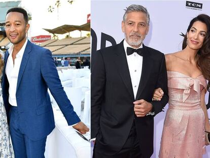 Izquierda, Chrissy Teigen y John Legend; derecha, George y Amal Clooney.
