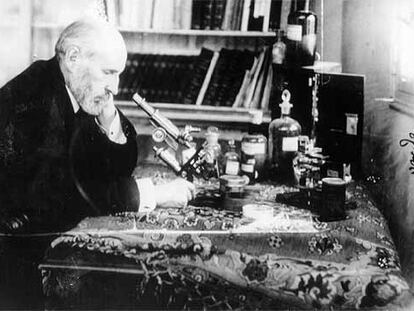 Santiago Ramón y Cajal observa una de sus investigaciones a través de un microscopio.