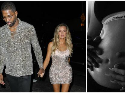 Tristan Thompson y Khloé Kardashian y, a la derecha, la foto publicada en Instagram con la que han hecho oficial el embarazo.