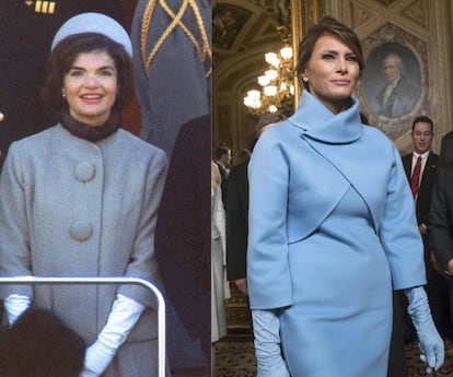 Jackie Kennedy, en la investidura de JFK en 1961. A la derecha, Melania Trump el 20 de enero.