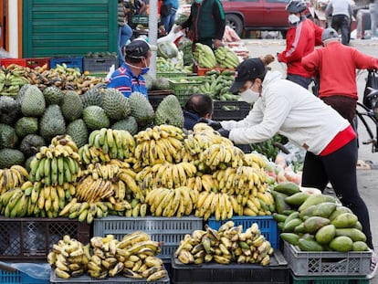 Un vendedora en la plaza de mercado Corabastos de Bogotá (Colombia). Comerciantes y cultivadores garantizan el abastecimiento alimentario durante la cuarentena hasta el próximo 26 de abril para evitar el coronavirus.