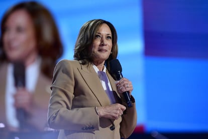 Kamala Harris, en un momento de su intervención en la primera jornada de la convención. 