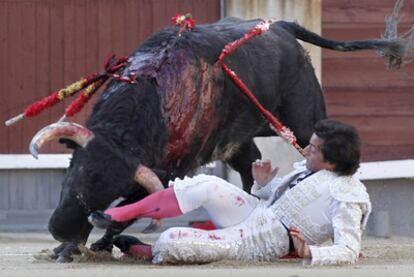 Gabriel Picazo, cogido por su primer toro al entrar a matar.