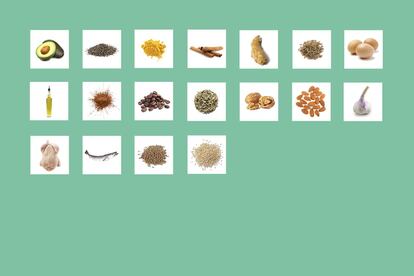 <p><strong>Lista de la compra:</strong> aguacate, semillas de chía, especias (cúrcuma, canela, jengibre y comino), huevos camperos, aceite de oliva, cacao en polvo, café, té verde, nueces, almendras, ajo, pollo, merluza, lentejas y quinoa.</p> <p>Iván Moreno, médico especializado en antienvejecimiento en la Clínica Neolife (Madrid), se confiesa <strong>adicto a las infusiones de cacao puro, por su poder antioxidante</strong>. "Debe ser no alquilado, un modo de procesarlo que acaba con los polifenoles y le quita todo el beneficio", dice. ¿El problema? Que en España no se indica en la etiqueta, por lo que hay que buscarlo a conciencia, "investigando en las marcas que no recurren a la alquilación o localizándolo en EE UU, donde es más habitual".</p> <p>Moreno apostilla que su disciplina no va de echar para atrás el reloj biológico ni atenuar las patas de gallo, "sino que se trata de algo que puede parecer menos impresionante, pero marca la diferencia a medida se cumplen años: prevenir o disminuir las enfermedades que los efectos de la edad provocan en el cuerpo". Para ello, <strong>minimiza el consumo de grasas</strong> (o las reduce al aguacate y el aceite) y azúcar. Descarta por completo el alcohol (es neurotóxico). Y lo adorna casi todo con especias y ajo, "este, en crudo, es bueno para la presión arterial, el rendimiento muscular y la salud ósea".</p>