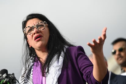 La congresista estadounidense Rashida Tlaib, el 17 de diciembre en Washington, durante una protesta tras la muerte de la activista turco-estadounidense Aysenur Ezgi por disparos israelíes en Cisjordania.