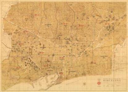 Plànol de Barcelona el 1962, amb 153 refugis marcats.