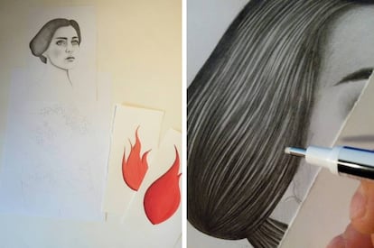 Dos imágenes del proceso de creación del cartel de Sara Morante. "Trato de no prestar demasiada atención a las críticas negativas ni a las positivas, porque trabajar para contentar a los demás es una batalla perdida". |