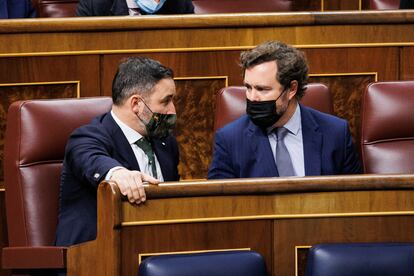 El líder de Vox, Santiago Abascal (izquierda), y el portavoz de Vox en el Congreso, Iván Espinosa de los Monteros, en una sesión plenaria en el Congreso de los Diputados, el 30 de noviembre.