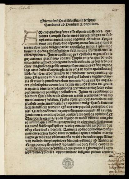 Primera página del incunable de Jeroni Pau que ha incorporado la Biblioteca Nacional de Catalunya.