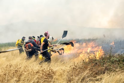 Un grupo de voluntarios trabaja este miércoles en la extinción del incendio de Abejera, en Zamora. 