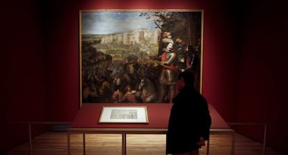 'La expugnación de Rheinfelden' (1634), de Vicente Carducho en su dibujo preparatorio (en primer plano) y en el lienzo que pertenece a la colección del Prado.