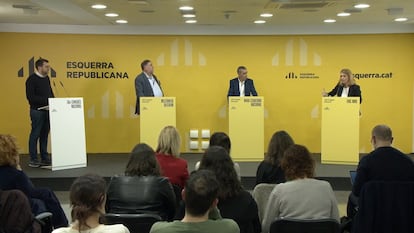 Debate de candidatos a presidir ERC en el 30º Congreso Nacional del partido: Oriol Junqueras (Militància Decidim), Xavier Godàs (Nova Esquerra Nacional) y Helena Solà (Foc Nou), moderados por Oriol Duran en ERC en Barcelona, este martes.