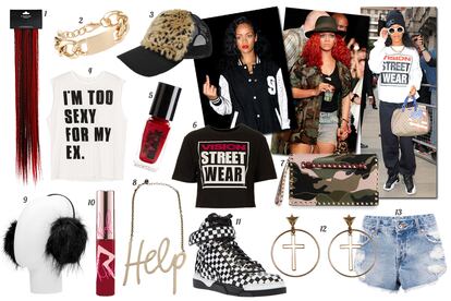 RIHANNA:
1. Topshop Extensiones en rojo y negro. 2. Asos Esclava en dorado. 3. Bershka Gorra frontal de pelo con print de leopardo. 4. Bershka Camiseta sin mangas con leyenda. 5. The New Black Laca de uñas “Crimson Glimmer”. 6. Vision Streetwear for Topshop Crop tee. 7. Valentino Clutch con print de camuflaje y tachuelas de pincho. 8. Lanvin Collar de cadena con la palabra “Help”. 9. Mango Orejeras de pelo. 10. Rihanna for M·A·C Lipglass “RiRi Hearts M·A·C - RiRi Woo”. 11. Givenchy Sneakers de cuadros bicolor. 12. Berskha Pendientes de aro con cruces. 13. Pull&Bear Shorts vaqueros con efecto envejecido.