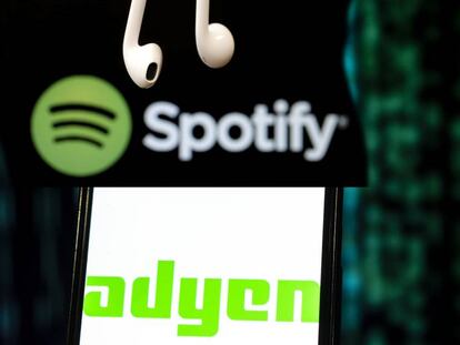 Logos de Spotify y Adyen, las dos startups europeas m&aacute;s pr&oacute;ximas a convertirse en un tit&aacute;n tecnol&oacute;gico, aquellas empresas que superan los 50.000 millones de d&oacute;lares de valoraci&oacute;n.