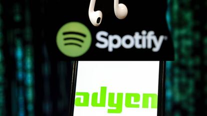 Logos de Spotify y Adyen, las dos startups europeas m&aacute;s pr&oacute;ximas a convertirse en un tit&aacute;n tecnol&oacute;gico, aquellas empresas que superan los 50.000 millones de d&oacute;lares de valoraci&oacute;n.