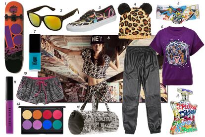 SKATEBOARDING. 1. Plan B Tabla de skate. 2. Topshop Gafas de sol con montura de pasta. 3. Vans Zapatilla de deporte estampada. 4. Betsey Johnson Gorro de lana con print de leopardo y pompones. 5. Topshop Culotte con print de superheronas. 6. Asos Sudadera de manga corta con estampado de cara de perro de paillettes. 7. JINsoon Laca de u?as Poppy Blue. 8. Bershka. 9. Bershka Pantaln estilo chndal en tejido efecto cuero. 10. Etam Shorts con print de tigre. 11. Bobbi Brown Lip gloss Neons & Nudes. 12. Bond No. 9 New York Fragancia Brooklyn. 13. Gorgeous Cosmetics Paleta de maquillaje Neon Eight-Pan. 14. Bershka Bolsa de deporte estampada.