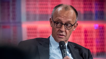 El canciller alemán, Friedrich Merz, este lunes, durante una conferencia celebrada en Berlín.