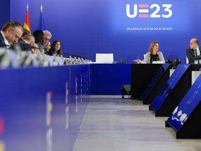 La ministra de Transición, Teresa Ribera, durante la reunión informal de los ministros de Medio Ambiente y Energía de la Unión Europea, en Valladolid. EFE