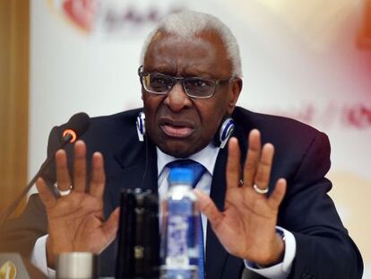 Lamine Diack, durante una rueda de prensa en agosto.