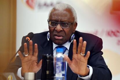 Lamine Diack, durante una rueda de prensa en agosto.